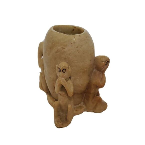 Vintage SoapStone Carved Vase See No Hear No Speak No Evil Monkeys Peeking 3" - Picture 2 of 7